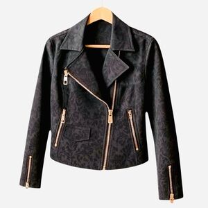 MIDNIGHT VELVET black damask motorcycle jacket - gold zippers - women’s medium